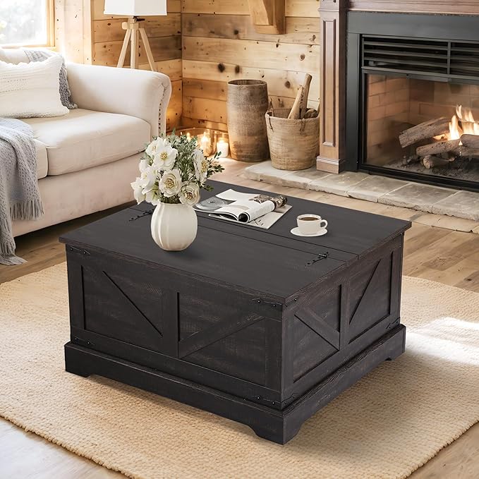 Vintage Storage Coffee Table, Lift Top Coffee Table, Square Center Table, Living Room Tables, Wood Tea Table (Retro Brown)
