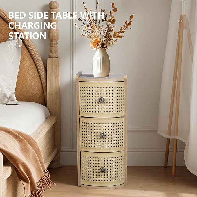 Metal Rattan Narrow End Table with Charging Station Set of 2, Boho Side Table with Drawers Storage, Small Night Stand with Power Outlets and USB Ports, Sofa Side Table for Living Room - Natural
