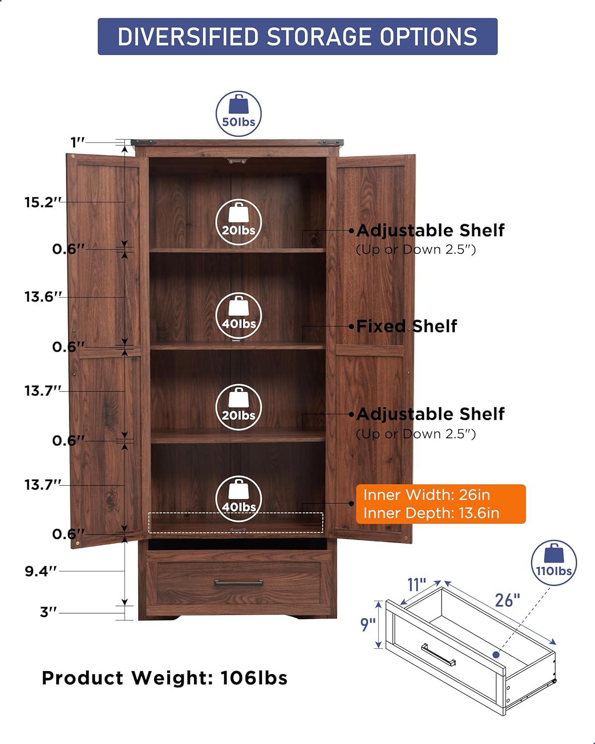 JXQTLINGMU Farmhouse Kitchen Pantry Cabinet - 72" Tall Wood Kitchen Storage Cabinets with Adjustable Shelves & 2 Barn Doors & Drawer, Versatile Storage for Dining Room, Bathroom, Rustic Brown