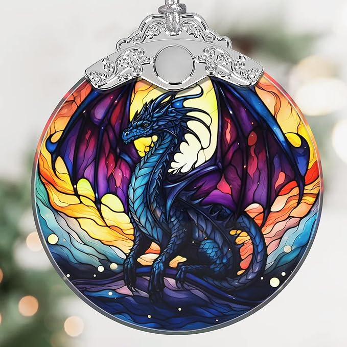 Majestic-Looking Dragon Christmas Ornament - Stained Glass Hanging Decoration for Tree, Gift Idea