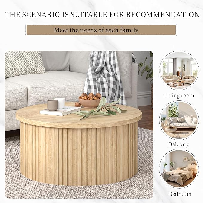 Lift Top Coffee Table with Storage, Round Coffee Tables for Living Room, 34.6'' Farmhouse Fluted Coffee Table, Wood Center Table with Large Hiddern Storage Compartment (Wood Color)