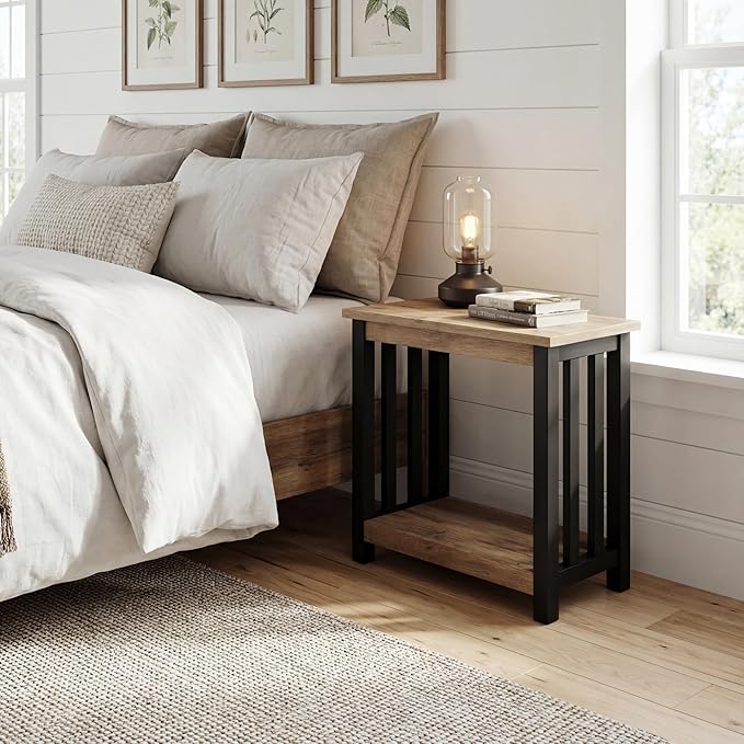 ChooChoo Mission End Tables Set of 2, Narrow Side Tables for Small Spaces, Night Stands with Storage Shelf for Living Room and Bedroom, Rustic Oak & Black