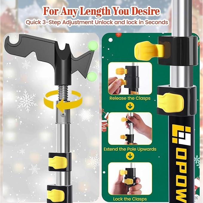 4-12 FT Christmas Light Telescopic Hanger Pole with Utility Hook, Stand Reach 30 Feet Long 3/4 inch Threaded Pole Reaching High Place for Hanging and Installation Lights String, Clothes and Birdfeeder