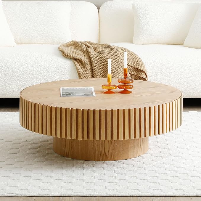 31.49" Modern Round Coffee Table,Sturdy MDF Material Pedestal Base,Fluted Wood Top,Luxury Drum Accent Table for Living Room,Kitchen,Apartment (Natural Ash,Round+Ø31.49 x13.97)