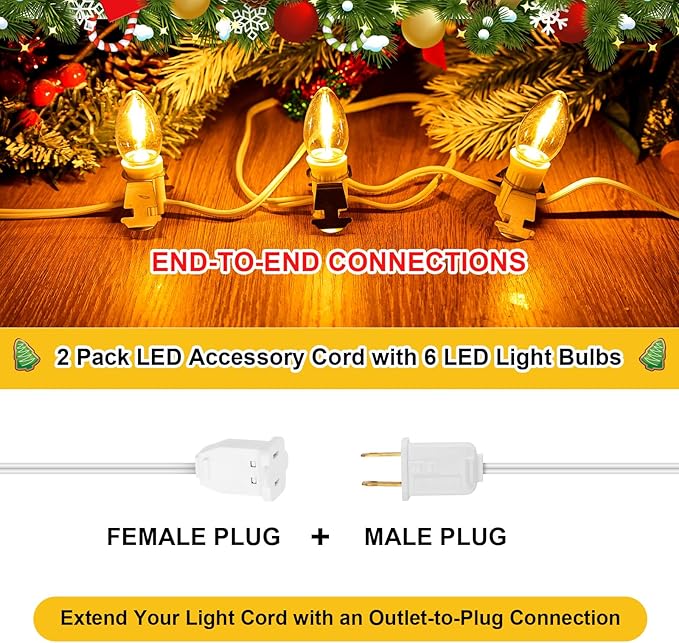 2Pack Accessory Cord with 6LED Bulbs and Outlet Christmas Village Light 14.8FT Blow Mold Light Cord with Spare Fuse Warm White C7 Lamp Christmas Village Accessories for Village Houses Craft Pumpkin