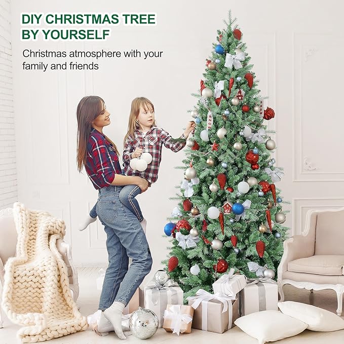 9 FT Artificial Skinny Christmas Tree,Unlit Blue Spruce Slim Pencil Xmas Tree with 2545 PE&PVC Mixed Branch Tips,Hinged Pine Tree with Metal Stand for Home Office Décor