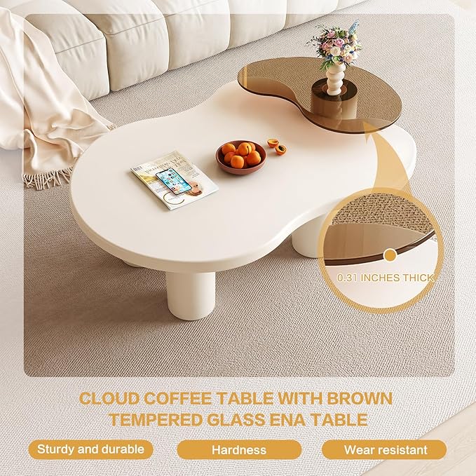 Nesting Coffee Table Set of 2, Irregular Shape Center & Small Tempered Glass Top Accent Side Table, Modern Home Decor Table Set for Living Room, Bedroom, Office