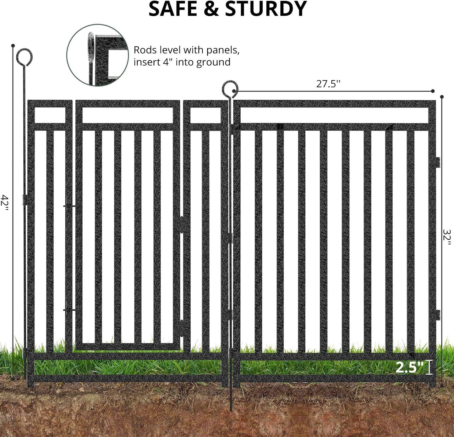Decorative Garden Fence Metal Dog Fence Outdoor for Yard, 72ft (L) × 32in (H), 28 Panels + 4 Gates, Rustproof Animal Barrier Fencing for Patio & Flower Bed, No Dig, Black-Silver