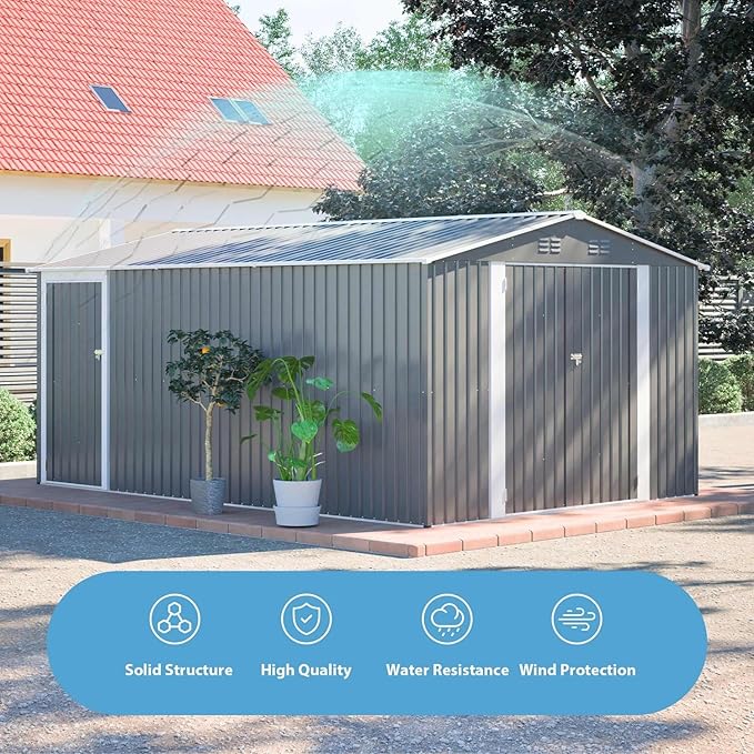14x10 FT Outdoor Metal Storage Shed with Side Door & Floor Frame, Extra-Large Tool Shed with Lockable Double Doors, Weatherproof Garden Shed for Backyard, Lawn Equipment and Patio Storage