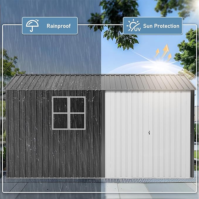 10x12 FT Outdoor Metal Storage Shed with Window, Large Lockable Metal Garden Tool Shed with Heavy-Duty Frame for Backyard, Patio, and Lawn, Black