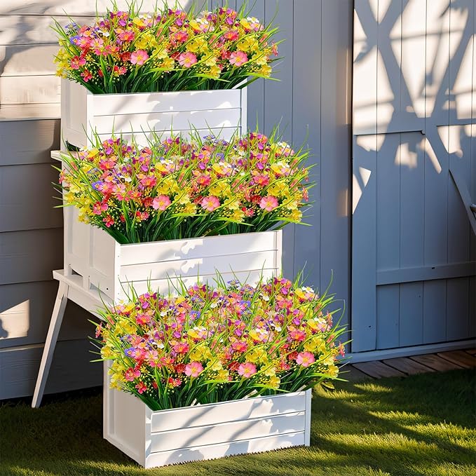 Artificial Flowers Outdoor UV Resistant 12 Bundles Faux Silk Summer Spring Wildflower Plants Plastic Fake Greenery Shrubs for Outside Planter Porch Window Boxes Garden Decoration