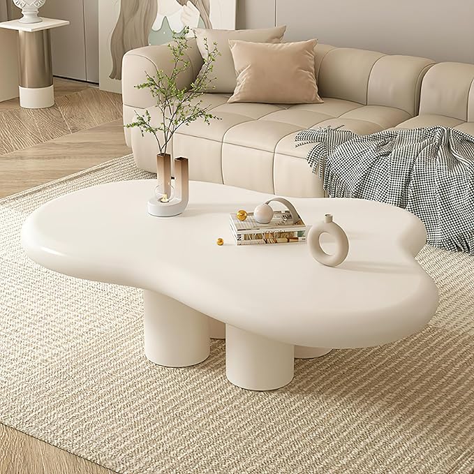 48 Inch Cloud Coffee Table, Modern Cream Coffee Table for Living Room, Large Wood Coffee Side Table with Irregular Tabletop and 4 Sturdy Legs for Home Office Bedroom