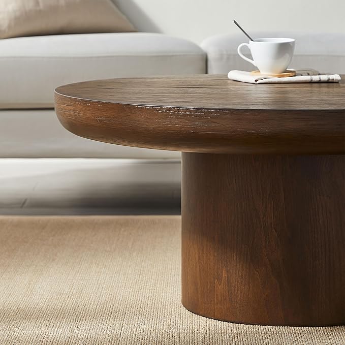36" Round Coffee Table Solid Wood Coffee Table for Living Room Rustic Retro Circle Coffee Table Pedestal Center Table for Apartment, Easy Assembly (Dark Brown)