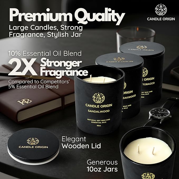 Mens Luxury Candles Christmas Gift Set – 3×10oz Masculine Scented Soy Wax Aromatherapy Candles – Sandalwood, Whiskey Tobacco, Mahogany Teakwood – Long Lasting, Non Toxic, Home, Office, Man Cave Decor