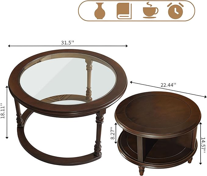 LKTART Nesting Coffee Table for Living Room,Round Tempered Glass Solid Wood Nest Coffee Tables with Storage,Retro Small Accent Center Table for Small Space Apartment (31.5''D×18''H-Dark Brown)