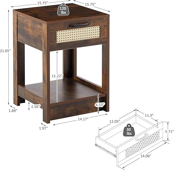Rattan Nightstand - Wooden Boho End Table with Storage Drawer and Opening Shelf, Bedside Tables Bed Side Table Accent Table for Living Room, Bedroom Small Space