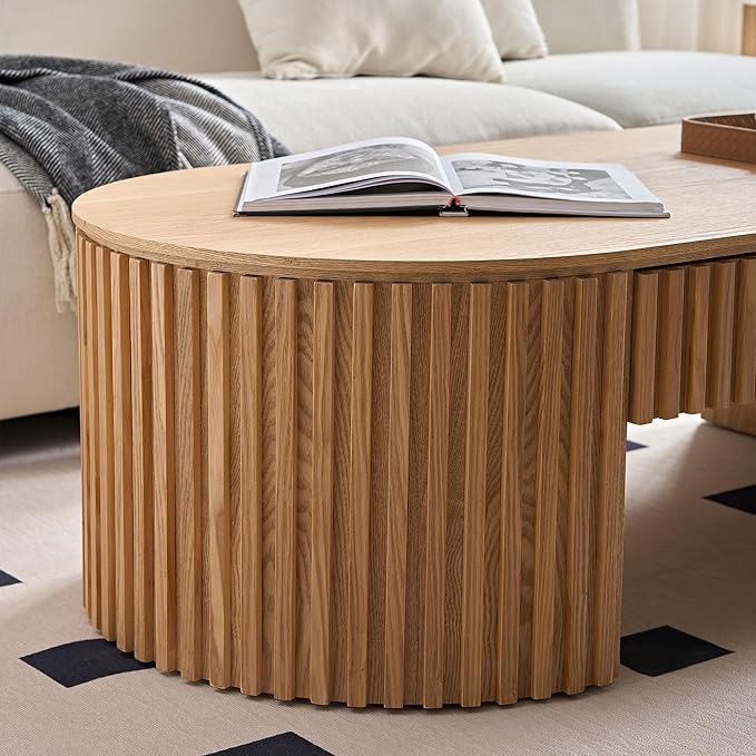 WILLIAMSPACE 51.18" Oak Oval Coffee Table with Drawer, Modern Luxury Wood Center Table Coffee Table for Living Room, Accent Side Table End Table for Apartment, 51.15" x 23.62" x 14.56" (Oak)