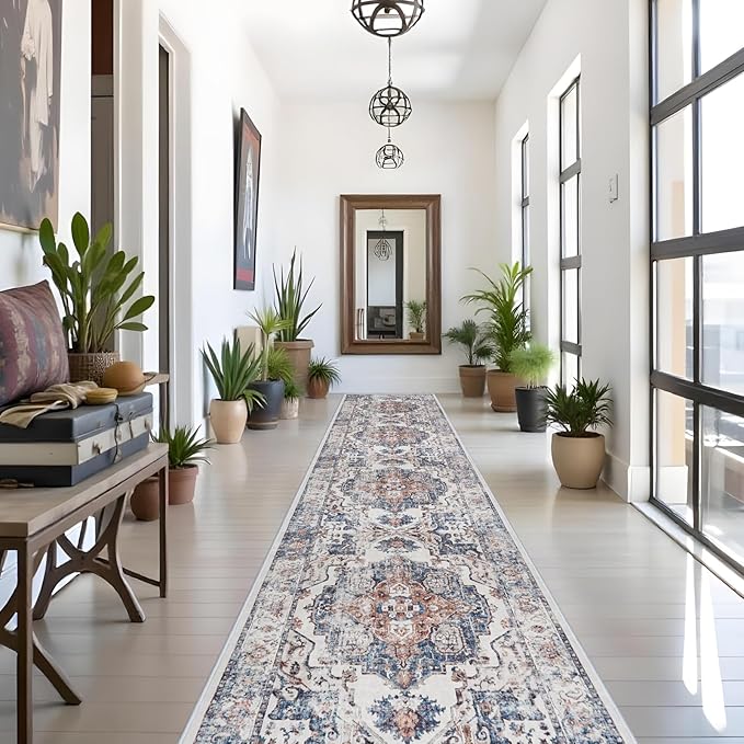 Hallway Washable Runner Rug - 3x16 Kitchen Rugs Entryway Rug Runner Vintage Soft Floor Mat Non Slip Indoor Farmhouse Carpet for Bathroom Living Room Bedroom (3 X 16, Brick)