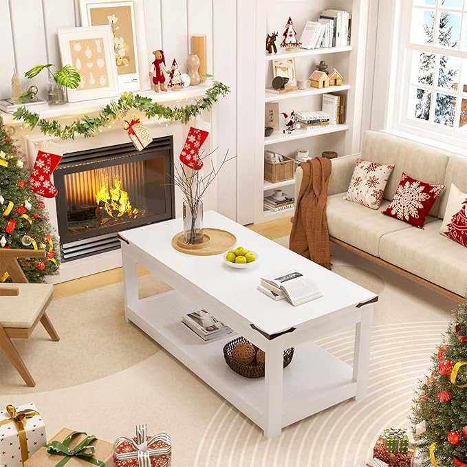 Homieasy Coffee Table with Storage Shelf, 43.3” Farmhouse Wood Coffee Tables for Living Room, Modern Center Tea Table, White
