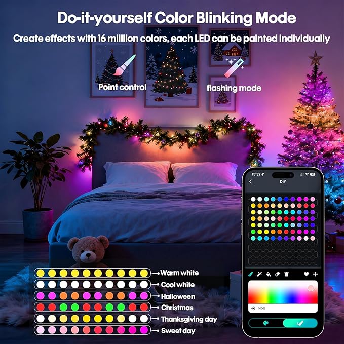 16.4Ft Smart Globe String Lights, 25 Dimmable RGB Mini Color Changing LED String Lights with App & Remote Control Music Rhythm Timer for Halloween Christmas Indoor Bedroom Party Decor