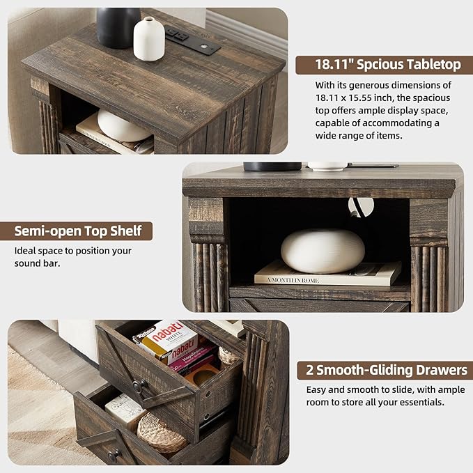 Nightstand with Charging Station, Rustic 18 Inch Farmhouse End Table with Barn Door, Wood Sofa Side Table with 2 Storage Drawers for Living Room, Bedroom, Entryway(Dark Rustic Oak)