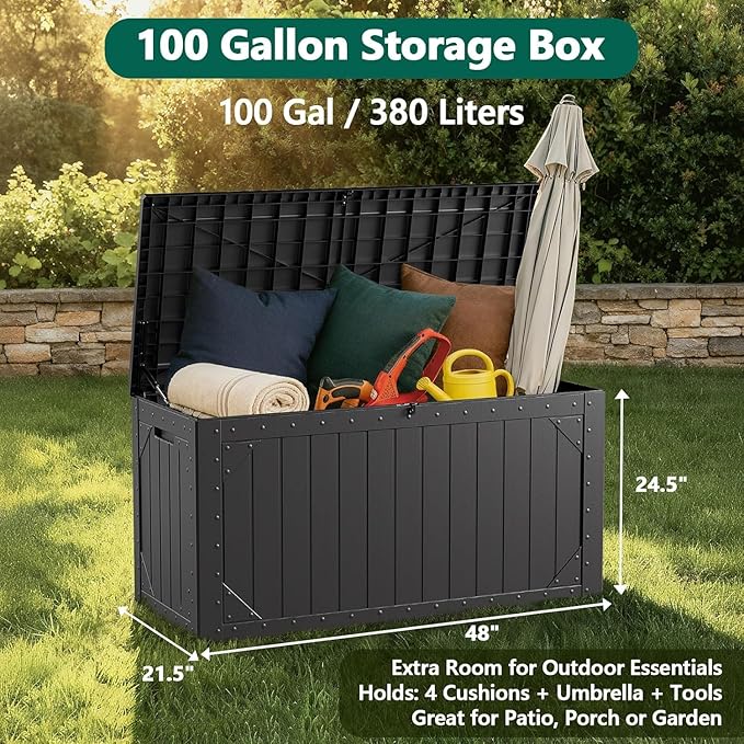 100 Gallon Outdoor Storage Box, Lockable Resin Deck Box for Patio Cushions, Throw Pillows, Garden Tools, Weatherproof Large Outdoor Storage Bench for Yard, Porch, or Balcony