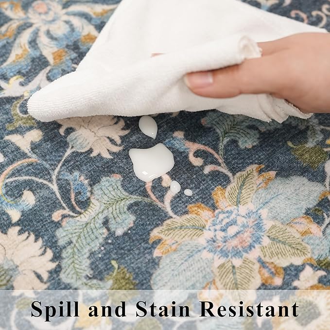 4x8 Washable Kitchen Area Rug: Farmhouse Stain-Resistant Elegant Floral Rug for Living Room Bedroom Wide Soft Carpet for Entryway Bathroom Thin Hallway Floor Mat with Non Slip Backing(4x8,Floral/Blue)