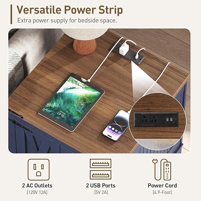 Farmhouse End Table Set of 2, End Tables Living Room, Large End Table with Charging Station, Square Side Table with Adjustable Shelf, Wooden Nightstand for Bedroom, Ink Blue and Walnut