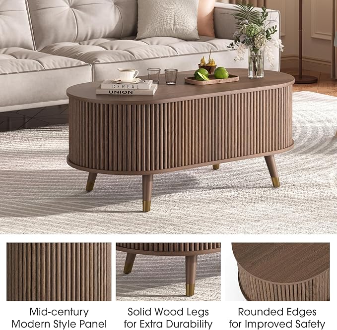 Oval Coffee Table with Storage,42.5” Mid Century Modern Coffee Table with Lifting Top,Fluted Center Tables for Living Room,Home Office,Walnut