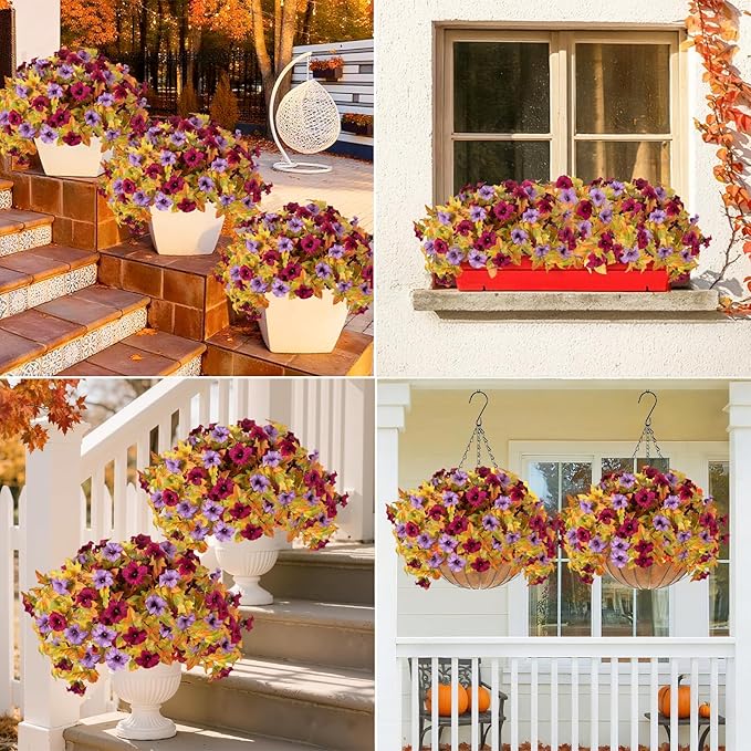4PCS Artificial Fall Fake Flowers Plants for Outdoor Decoration No Fade Faux Petunias UV Resistant Realistic Autumn Silk Flowers for Home Garden Balcony Yard Porch Deco (Burgundy Purple)