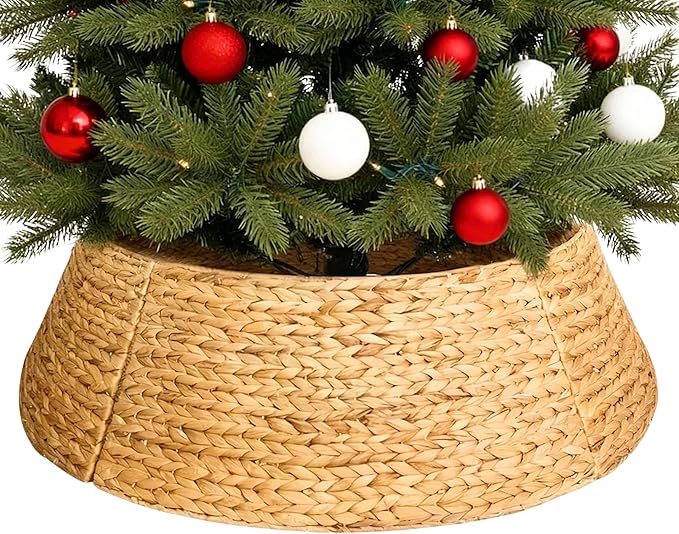 28" Wicker Christmas Tree Collar for Artificial Trees, Rustic 7.5ft Tree Basket Skirt, Farmhouse Base Cover for Pencil, Slim Christmas Tree Collars, Handwoven from Seagrass