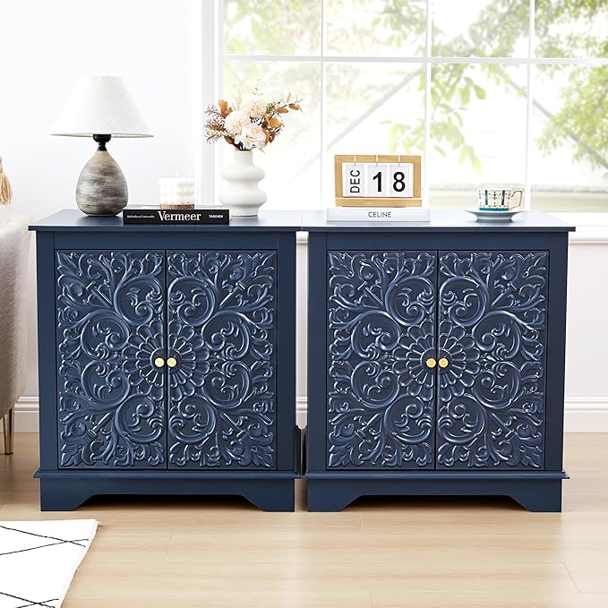 End Table Set of 2, 24" Farmhouse Nightstand with Carved Floral Door & Adjustable Shelf, Square Wooden Sofa Side Table with Storage for Living Room Bedroom (Midnight Blue)
