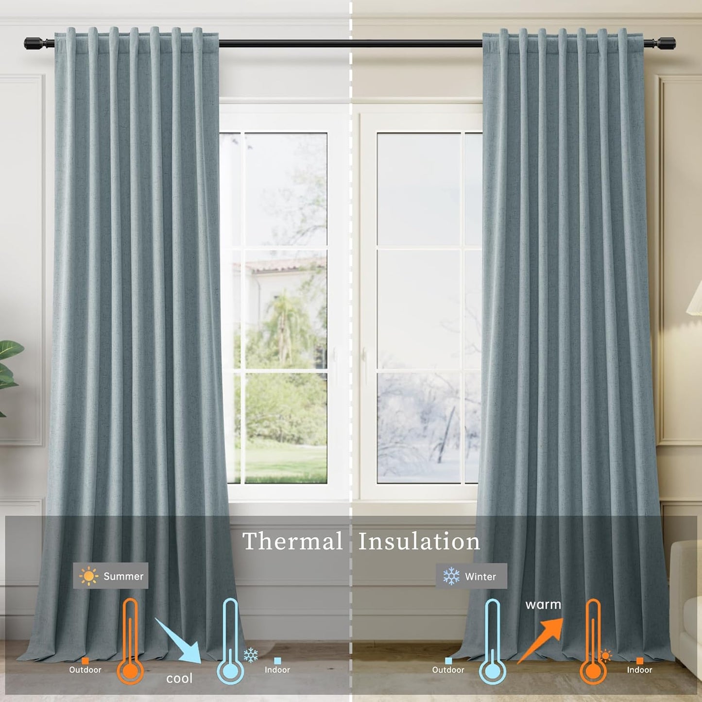 BOODII 63 Inch Blackout Curtains Linen Black Out Curtains for Bedroom 2 Panels Set Neutral Room Darkening Curtain Stone Blue Thermal Insulated Curtain for Nursery Window Drapes Back Tab 52x63