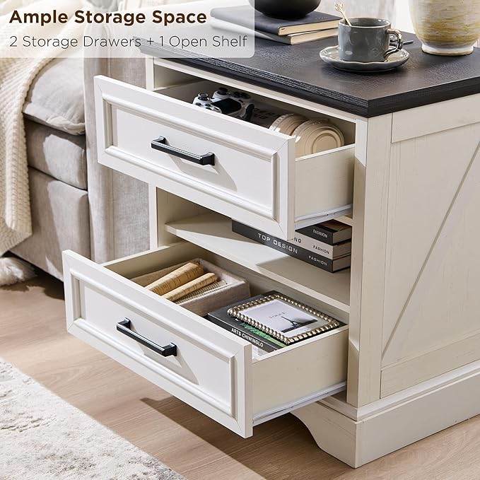 ACCOHOHO 24" Farmhouse Nightstand Set of 2 with Charging Station, 2 Drawers Large Bedside Table with Open Shelf, Rustic End Table for Bedroom - White