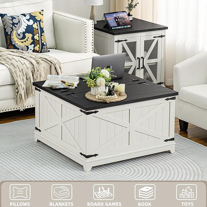 Farmhouse Coffee Table with Hidden Storage Compartment, Antique Black & White Square Large Center Table for Living Room, Wood Rustic Wide Coffee Tables with Hinged Lifting Tabletop for Home