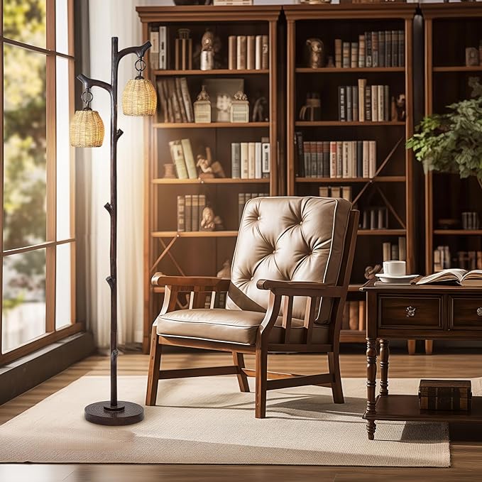 Scenekoy 68" High Farmhouse Rustic Country Cottage Floor Lamp Tree Trunk Faux Wood Column Dark Bronze Wicker Drum Shade Decor for Living Room Bedroom Reading Room