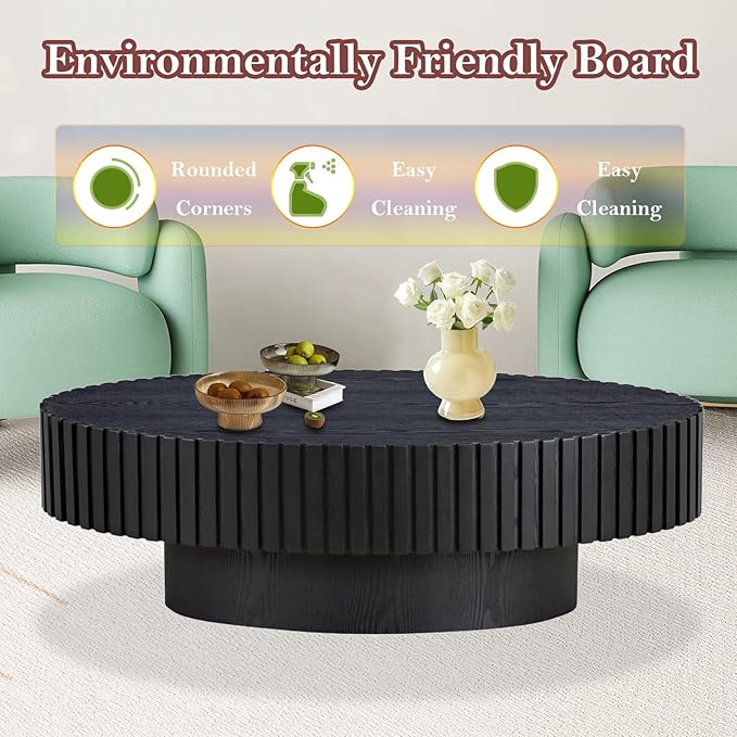 43.3in Fluted Side Tables Living Room Modern Chic Drum Coffee Table - Spacious Tabletop, for Small Space - Living Room Apartment Study,Black