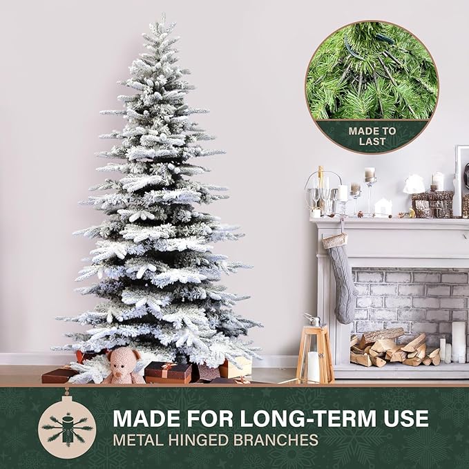 Fraser Hill Farm 9-Ft. Pine Valley Flocked Christmas Tree, Snowy Xmas Tree with DIY Potential with No Attached Lights, Artificial Christmas Tree with Metal Base, Easy to Set up