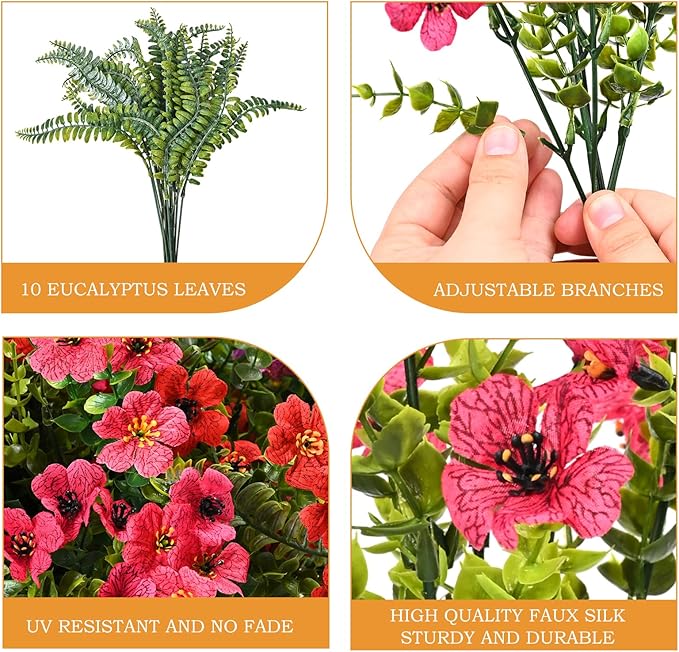 Artificial Faux Plants Flowers Outdoor Decoration,16 Bundles Fake Silk Colorful Daisy Eucalyptus Realistic UV Resistant for Outside Home Planter Porch Patio Yard Decor (Mix Purple Pink Yellow Red)