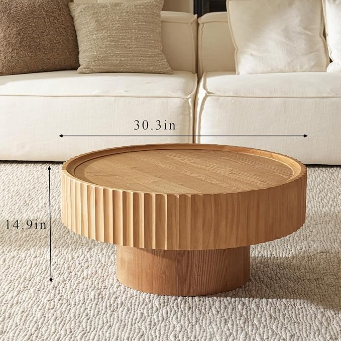 Round Coffee Table with Storage, 30.3” Fluted Drum Modern Living Room Table, Circle Wood Center Tables, Accent Mushroom Shape Coffee Tables for Living Room, Apartment(30.3''L×13.7''H)