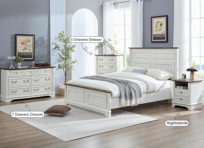 Farmhouse Nightstand wtih Charging Station, 20" End Table with 2 Drawers, Night Stand Side Table Storage Cabinet with Carved Pilasters for Bedroom, Wood Rustic, Antique White
