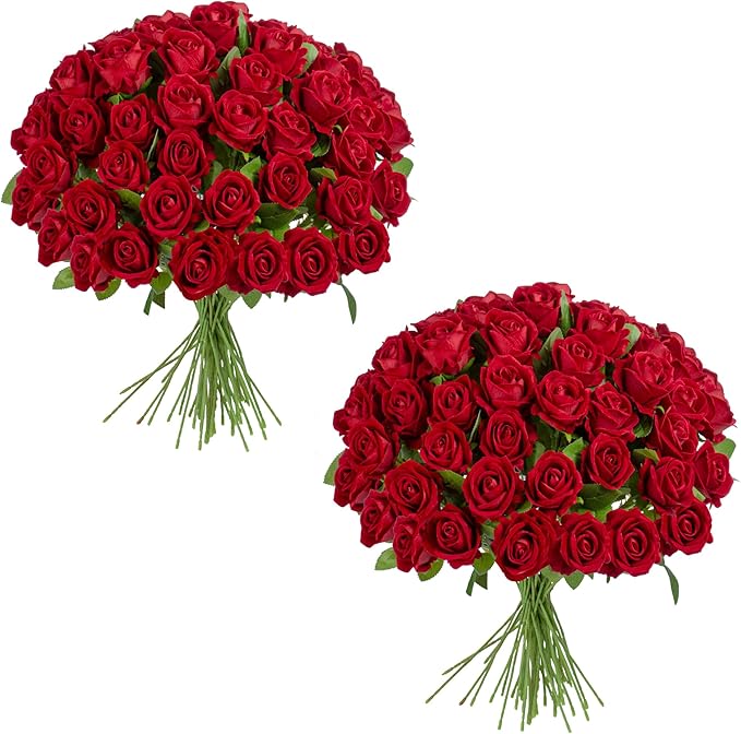 Artificial Flowers Roses Touch Fake Rose Bouquet Flower Stem for Wedding Centerpieces DIY Wreath Home Decorations Silk Roses Mothers Party Fake Outdoor Flowers Decor 19.6"(Red 100PCS)