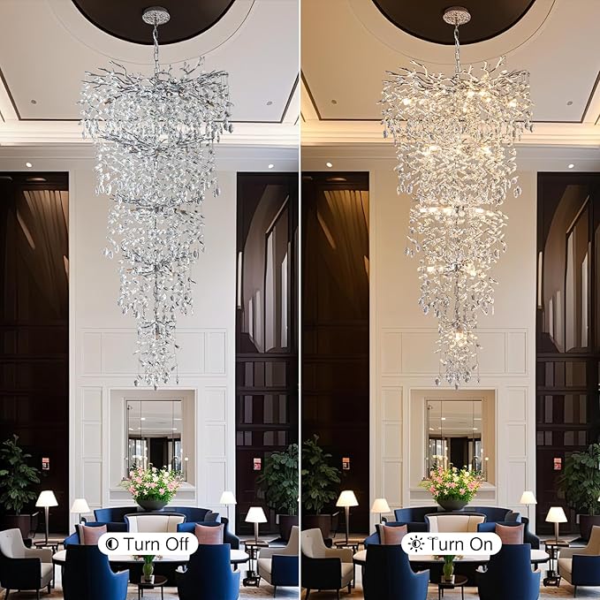 H63" Long Crystal Chandelier for High Ceiling, 28-Light Modern Silver Tree Branch Chandelier, Large Chandeliers for Staircase, Foyer, Entryway, Living Room, 5-Tier Luxury K9 Raindrop Light Fixture
