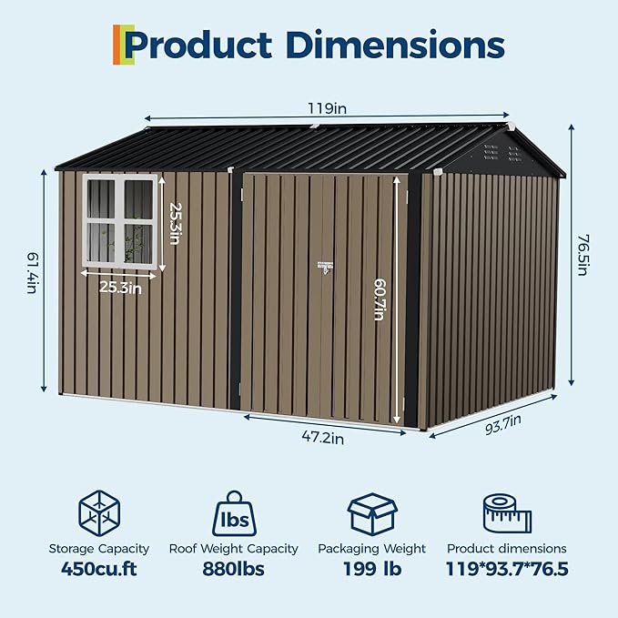 8x10 FT Outdoor Storage Shed,Metal Tool Shed with Clear Window, Lockable Doors,Large Garden Storage Box with Sloping Roof，Sheds&Outdoor Storage for Backyard Garden Patio Lawn, Brown