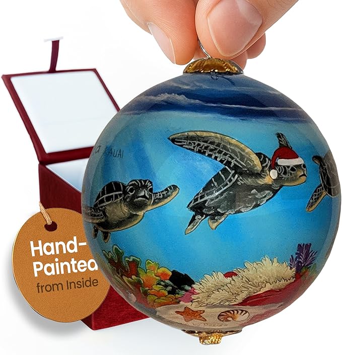 Collectible Kauai Turtles Ornament Hand-Painted Glass with Gift Box PT/K
