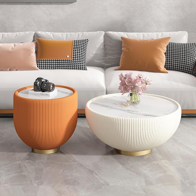 Round Living Room Table Set, 27.56" White Drum Center Table and 19.69" Orange Center Table Set, 2 Pieces Coffee Table Set with Sintered Stone Tabletop, Fluted PU Leather Covered and Metal Base