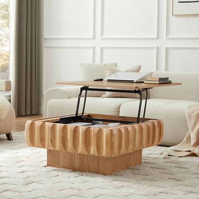 31.1" Square Lift-Top Coffee Table, Modern Fluted Tea Table with Hidden Storage for Living Room, Apartment or Office, Nature