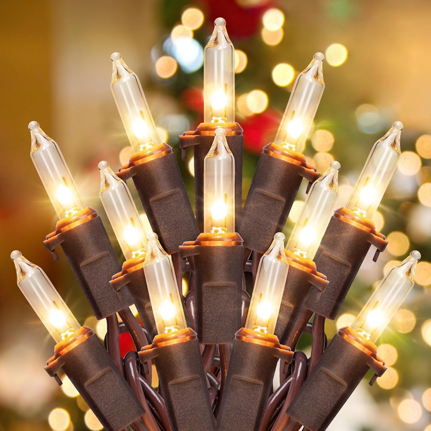 YOUNGAR 13FT 50 Clear Christmas Lights Outdoor, UL Approved Christmas Tree Lights with Brown Wire, Incandescent Mini Light Plug in for Indoor Outdoor Tree Patio Garden Xmas Decor