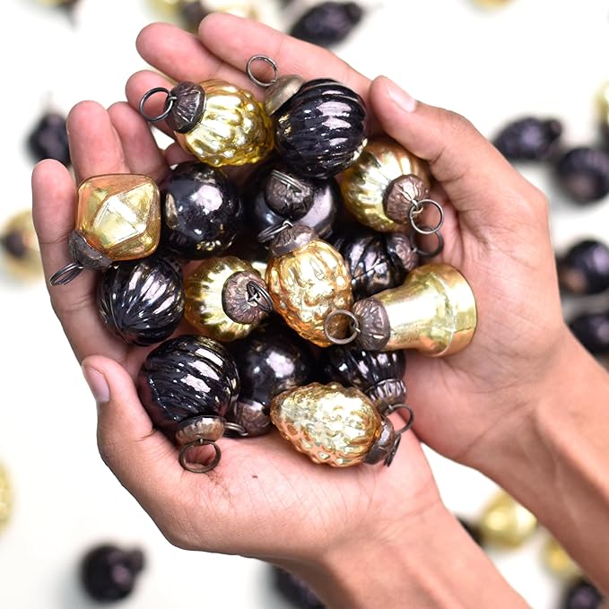Black Gold Vintage Christmas Ornaments - 75 Piece Set - Mini Black Gold Christmas Tree Decorations