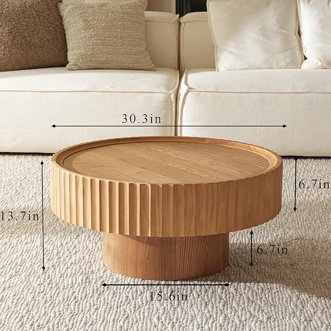 Round Coffee Table with Storage, 30.3” Fluted Drum Modern Living Room Table, Mushroom Shape Wood Center Tables, Accent Coffee Tables for Living Room, Apartment(30.3''L×13.7''H)